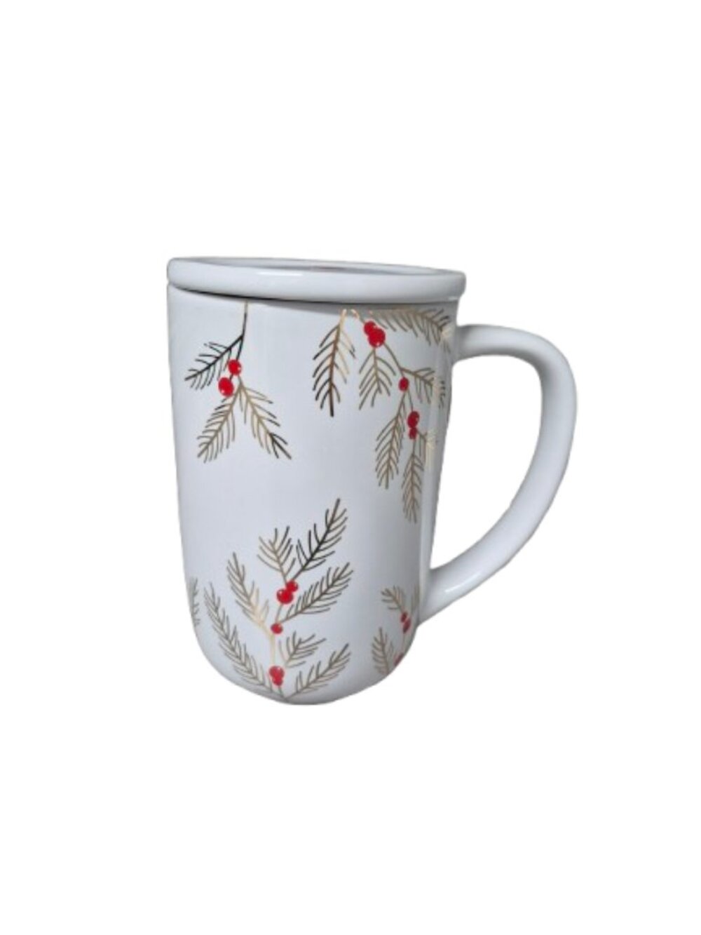 Davids Tea Mug with Gold Boughs Red Berries and Lid